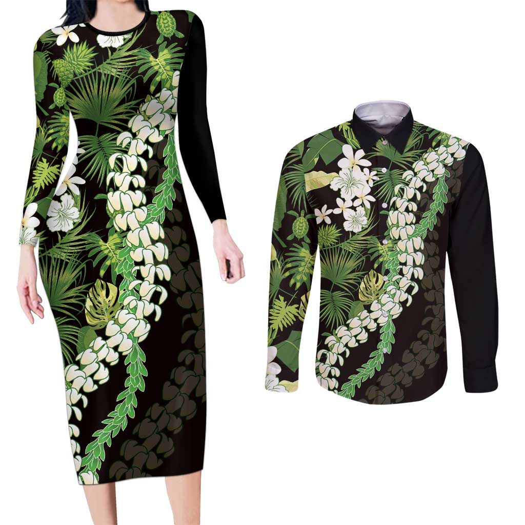 Omaomao Aloha Hawaii Lei Couples Matching Long Sleeve Bodycon Dress and Long Sleeve Button Shirt Tropical Flowers Elegant Vibe LT14 Green - Polynesian Pride