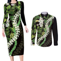 Omaomao Aloha Hawaii Lei Couples Matching Long Sleeve Bodycon Dress and Long Sleeve Button Shirt Tropical Flowers Elegant Vibe LT14 Green - Polynesian Pride