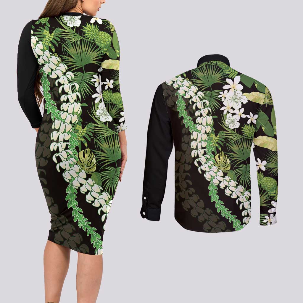 Omaomao Aloha Hawaii Lei Couples Matching Long Sleeve Bodycon Dress and Long Sleeve Button Shirt Tropical Flowers Elegant Vibe LT14 - Polynesian Pride