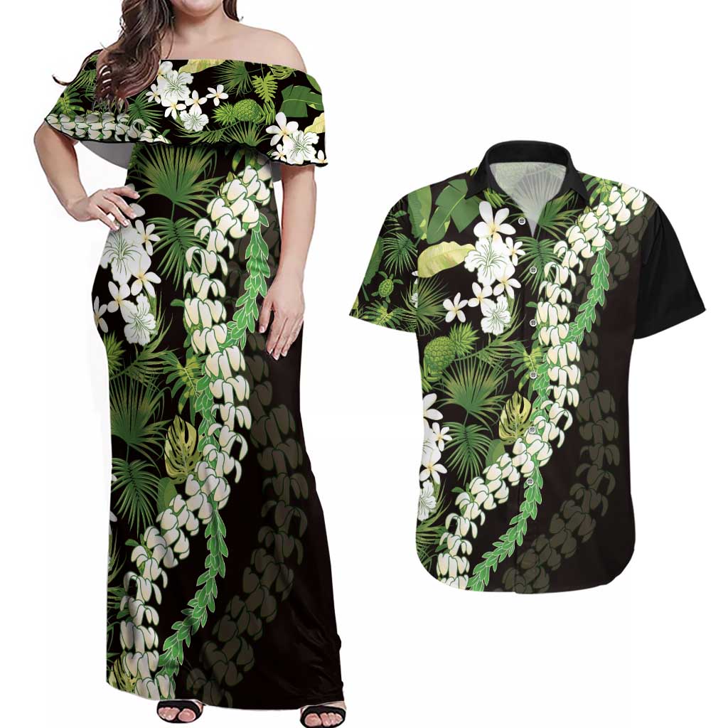Omaomao Aloha Hawaii Lei Couples Matching Off Shoulder Maxi Dress and Hawaiian Shirt Tropical Flowers Elegant Vibe LT14 Green - Polynesian Pride