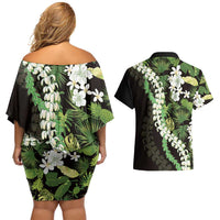 Omaomao Aloha Hawaii Lei Couples Matching Off Shoulder Short Dress and Hawaiian Shirt Tropical Flowers Elegant Vibe LT14 - Polynesian Pride