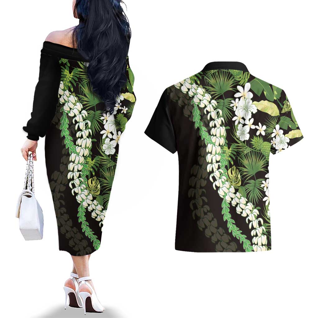 Omaomao Aloha Hawaii Lei Couples Matching Off The Shoulder Long Sleeve Dress and Hawaiian Shirt Tropical Flowers Elegant Vibe - Polynesian Pride