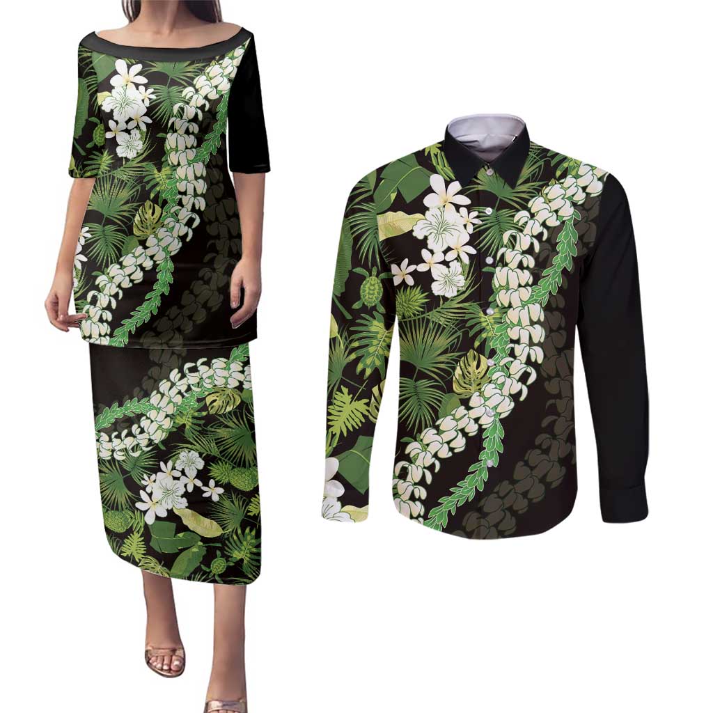 Omaomao Aloha Hawaii Lei Couples Matching Puletasi and Long Sleeve Button Shirt Tropical Flowers Elegant Vibe - Polynesian Pride