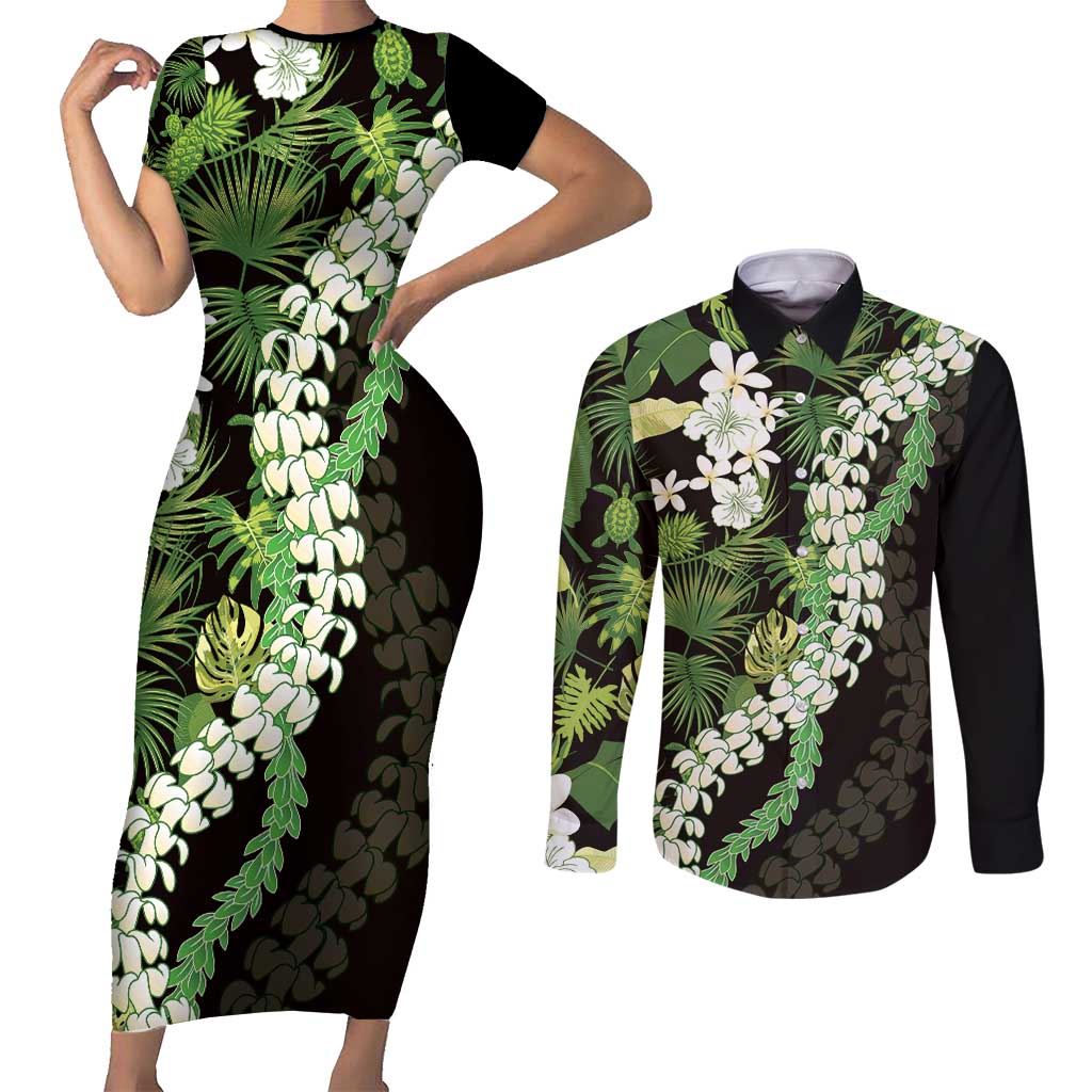 Omaomao Aloha Hawaii Lei Couples Matching Short Sleeve Bodycon Dress and Long Sleeve Button Shirt Tropical Flowers Elegant Vibe LT14 Green - Polynesian Pride