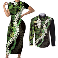 Omaomao Aloha Hawaii Lei Couples Matching Short Sleeve Bodycon Dress and Long Sleeve Button Shirt Tropical Flowers Elegant Vibe LT14 Green - Polynesian Pride