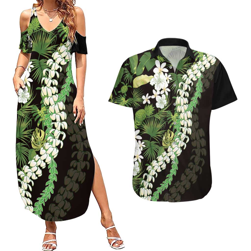 Omaomao Aloha Hawaii Lei Couples Matching Summer Maxi Dress and Hawaiian Shirt Tropical Flowers Elegant Vibe LT14 Green - Polynesian Pride