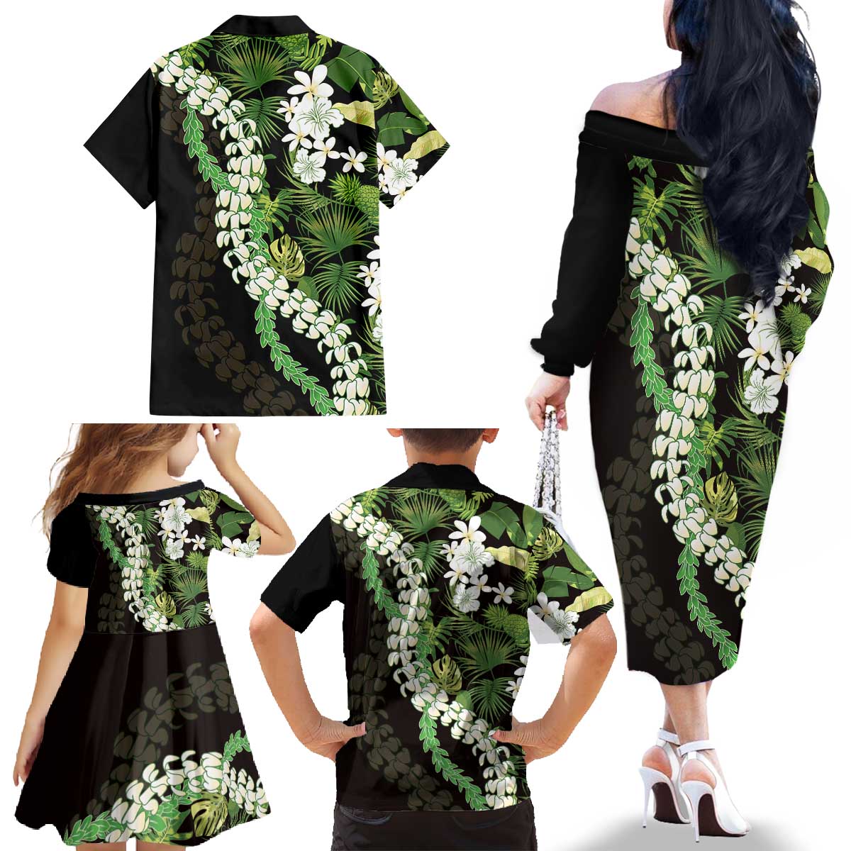 Omaomao Aloha Hawaii Lei Family Matching Off The Shoulder Long Sleeve Dress and Hawaiian Shirt Tropical Flowers Elegant Vibe - Polynesian Pride