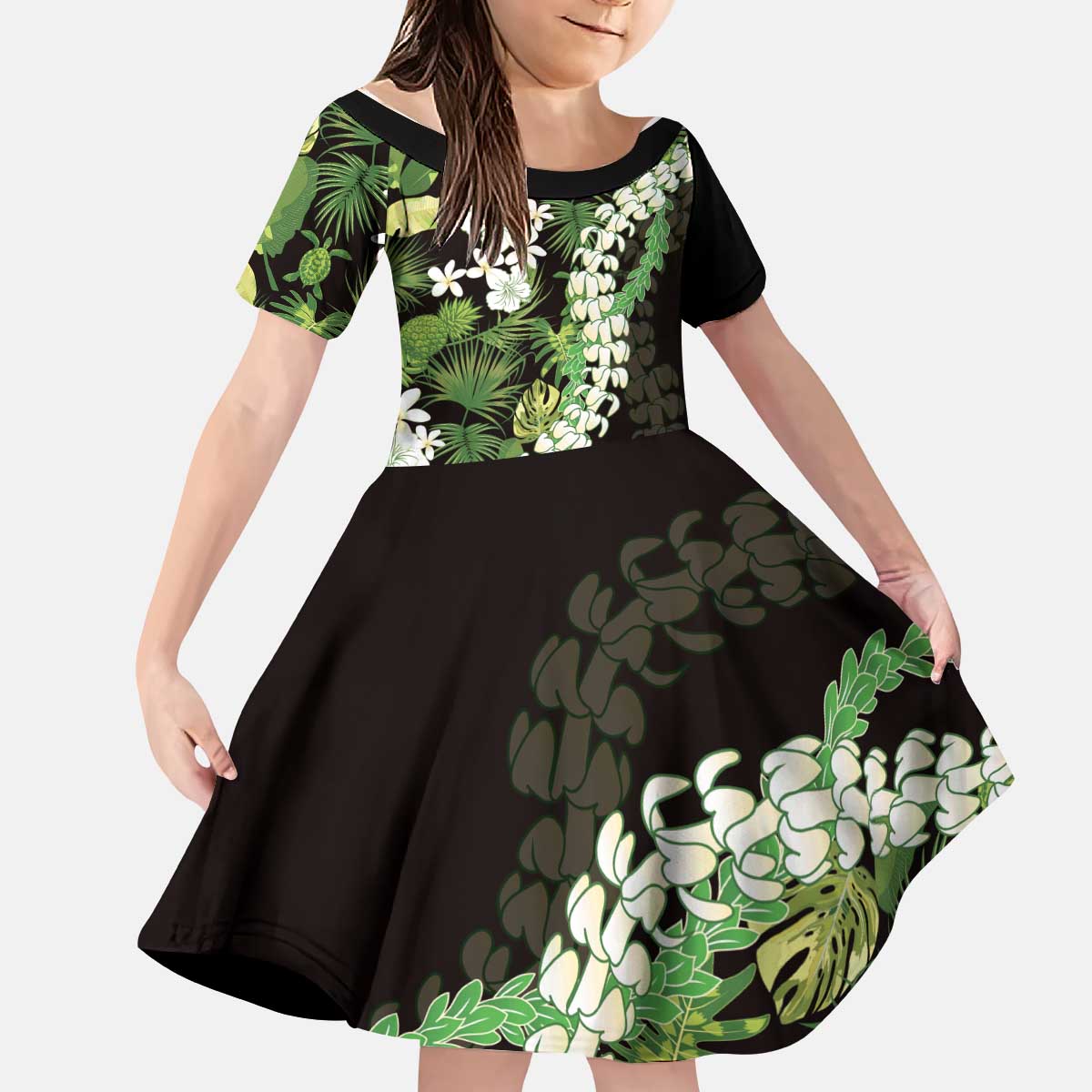 Omaomao Aloha Hawaii Lei Kid Short Sleeve Dress Tropical Flowers Elegant Vibe - Polynesian Pride