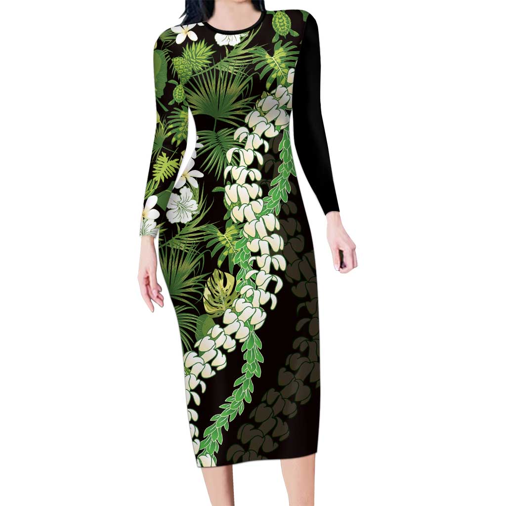 Omaomao Aloha Hawaii Lei Long Sleeve Bodycon Dress Tropical Flowers Elegant Vibe - Polynesian Pride