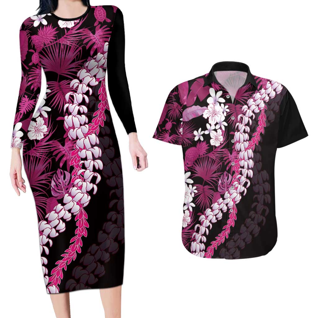 Akala Aloha Hawaii Lei Couples Matching Long Sleeve Bodycon Dress and Hawaiian Shirt Tropical Flowers Elegant Vibe LT14 Pink - Polynesian Pride
