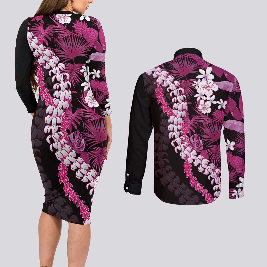 Akala Aloha Hawaii Lei Couples Matching Long Sleeve Bodycon Dress and Long Sleeve Button Shirt Tropical Flowers Elegant Vibe - Polynesian Pride