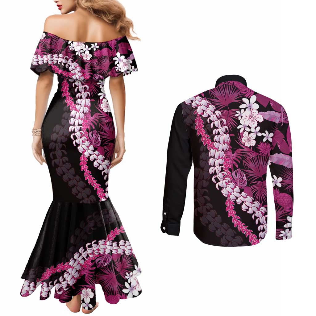 Akala Aloha Hawaii Lei Couples Matching Mermaid Dress and Long Sleeve Button Shirt Tropical Flowers Elegant Vibe - Polynesian Pride