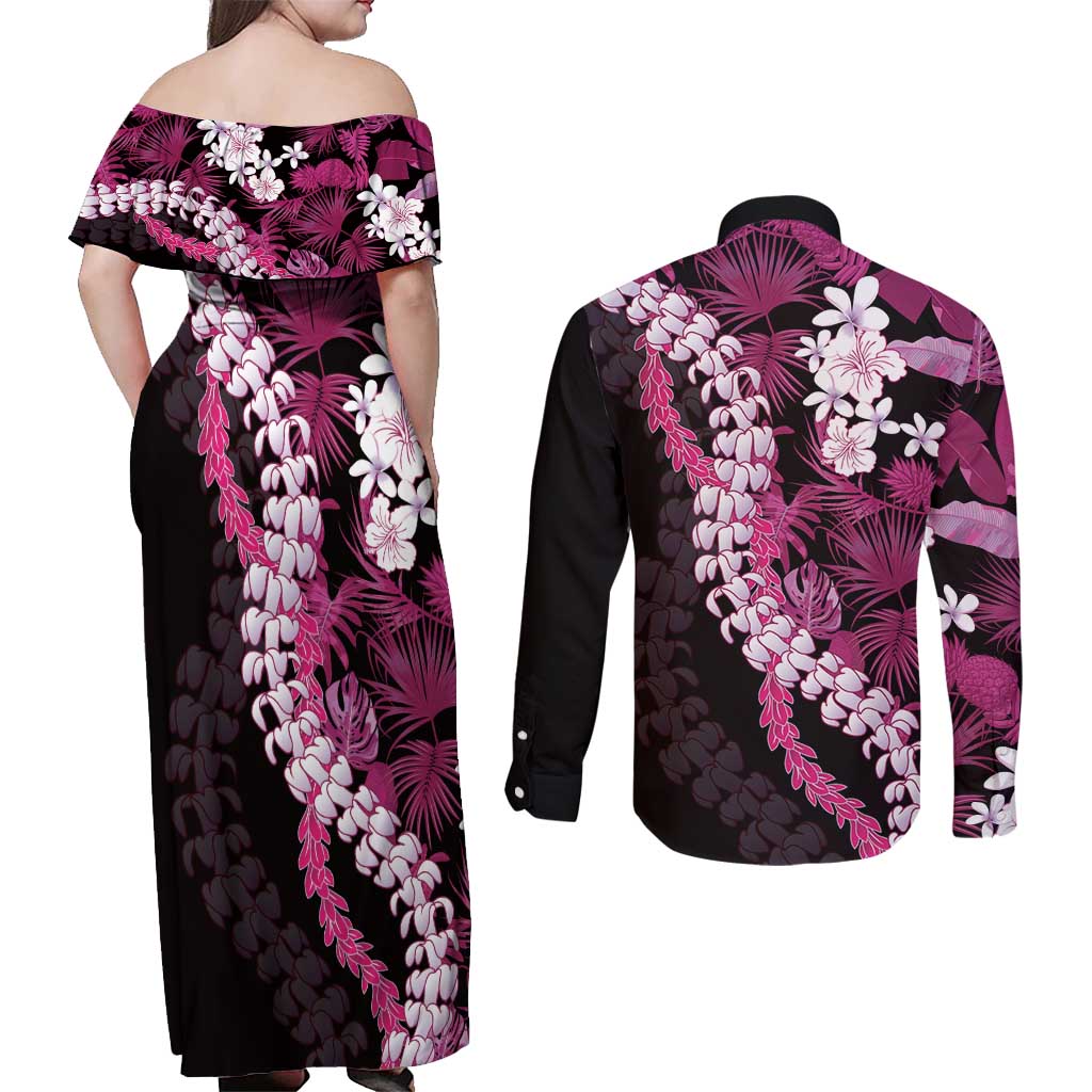 Akala Aloha Hawaii Lei Couples Matching Off Shoulder Maxi Dress and Long Sleeve Button Shirt Tropical Flowers Elegant Vibe - Polynesian Pride