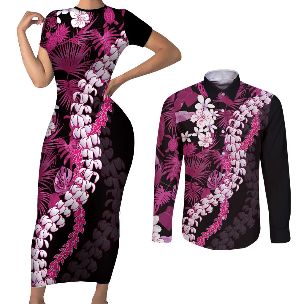 Akala Aloha Hawaii Lei Couples Matching Short Sleeve Bodycon Dress and Long Sleeve Button Shirt Tropical Flowers Elegant Vibe - Polynesian Pride