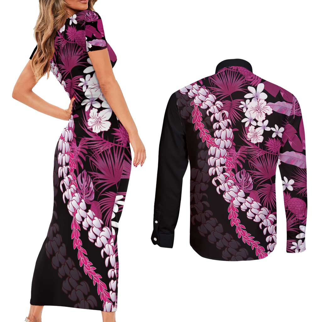 Akala Aloha Hawaii Lei Couples Matching Short Sleeve Bodycon Dress and Long Sleeve Button Shirt Tropical Flowers Elegant Vibe - Polynesian Pride