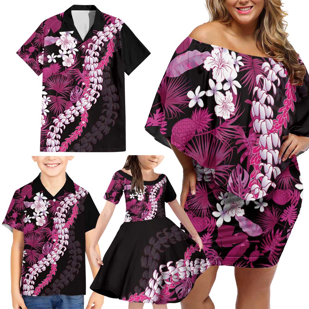 Akala Aloha Hawaii Lei Family Matching Off Shoulder Short Dress and Hawaiian Shirt Tropical Flowers Elegant Vibe - Polynesian Pride