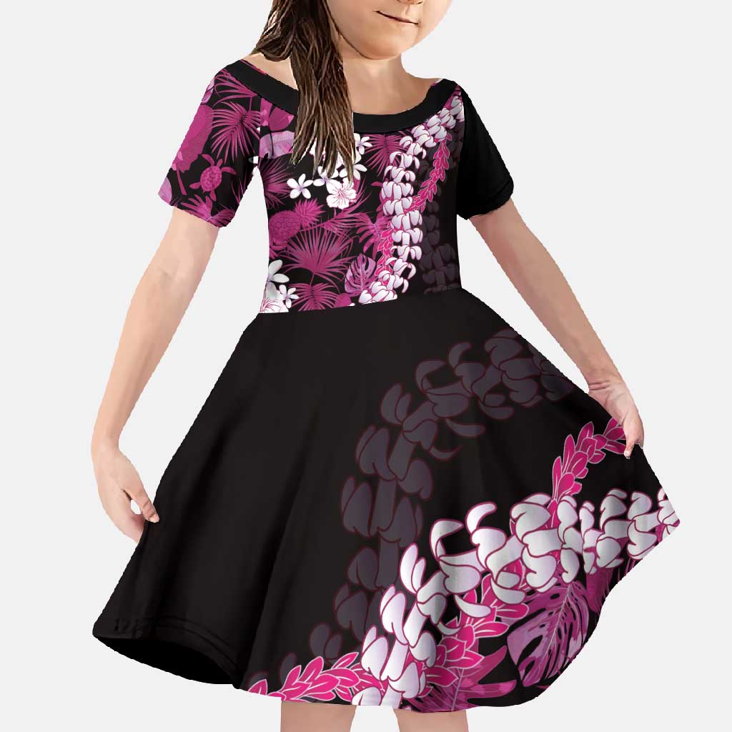 Akala Aloha Hawaii Lei Family Matching Short Sleeve Bodycon Dress and Hawaiian Shirt Tropical Flowers Elegant Vibe LT14 Daughter's Dress Pink - Polynesian Pride