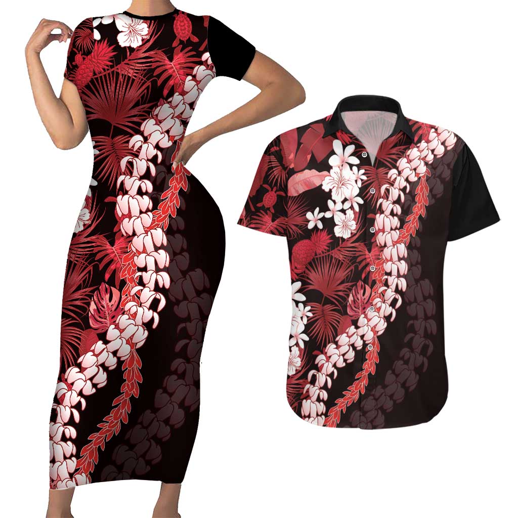Ulaula Aloha Hawaii Lei Couples Matching Short Sleeve Bodycon Dress and Hawaiian Shirt Tropical Flowers Elegant Vibe LT14 Red - Polynesian Pride