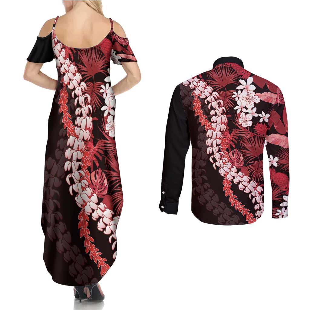 Ulaula Aloha Hawaii Lei Couples Matching Summer Maxi Dress and Long Sleeve Button Shirt Tropical Flowers Elegant Vibe - Polynesian Pride