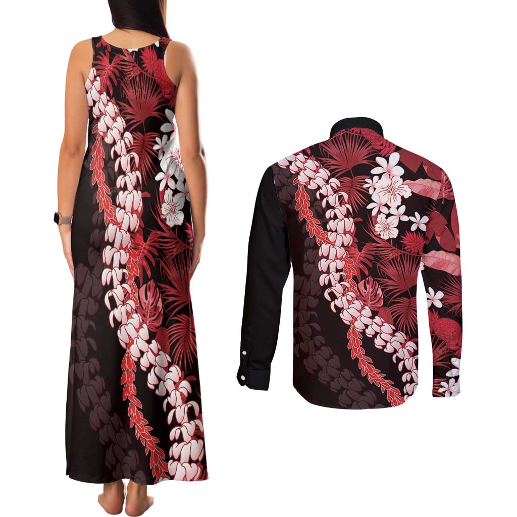 Ulaula Aloha Hawaii Lei Couples Matching Tank Maxi Dress and Long Sleeve Button Shirt Tropical Flowers Elegant Vibe - Polynesian Pride