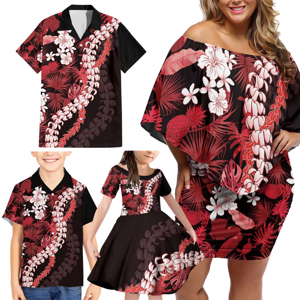 Ulaula Aloha Hawaii Lei Family Matching Off Shoulder Short Dress and Hawaiian Shirt Tropical Flowers Elegant Vibe - Polynesian Pride