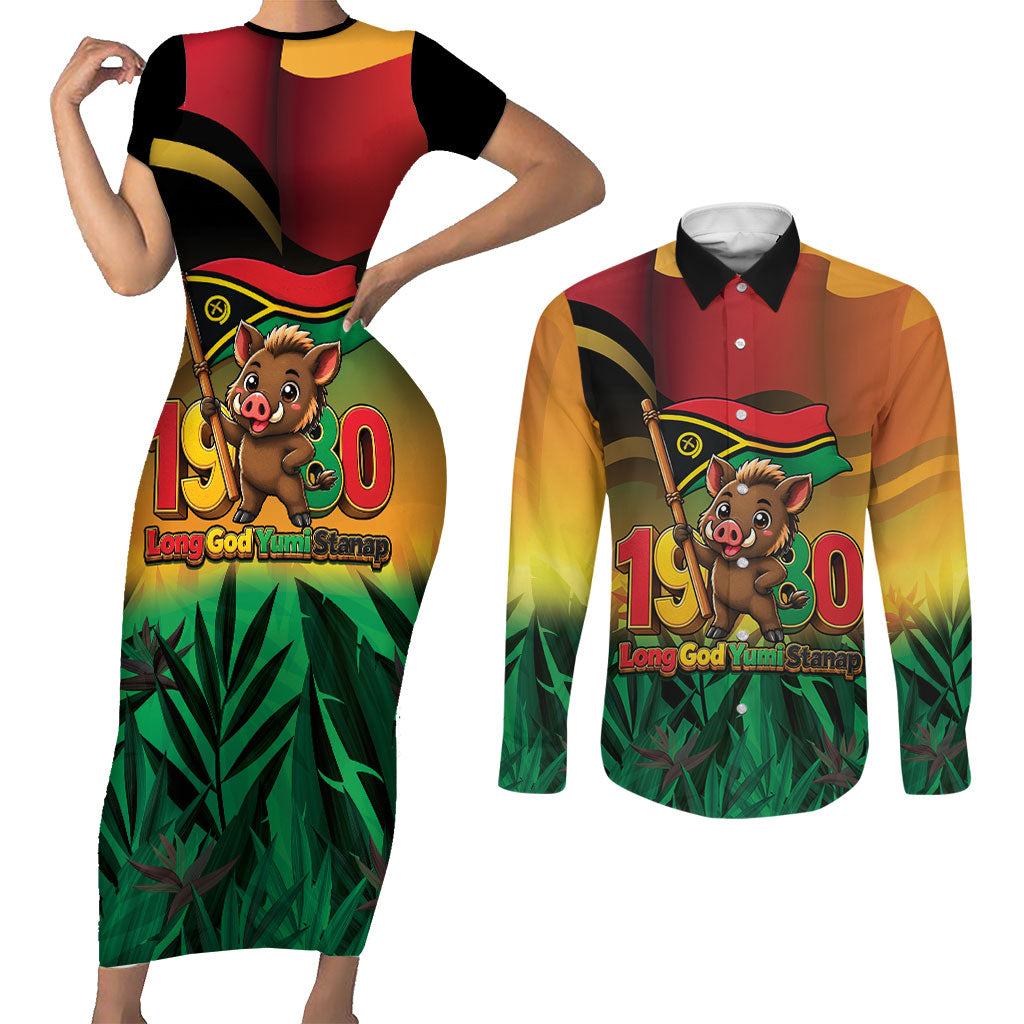 Vanuatu Independence Day Couples Matching Short Sleeve Bodycon Dress and Long Sleeve Button Shirt Chibi Boar Proud To Be A Ni-Van