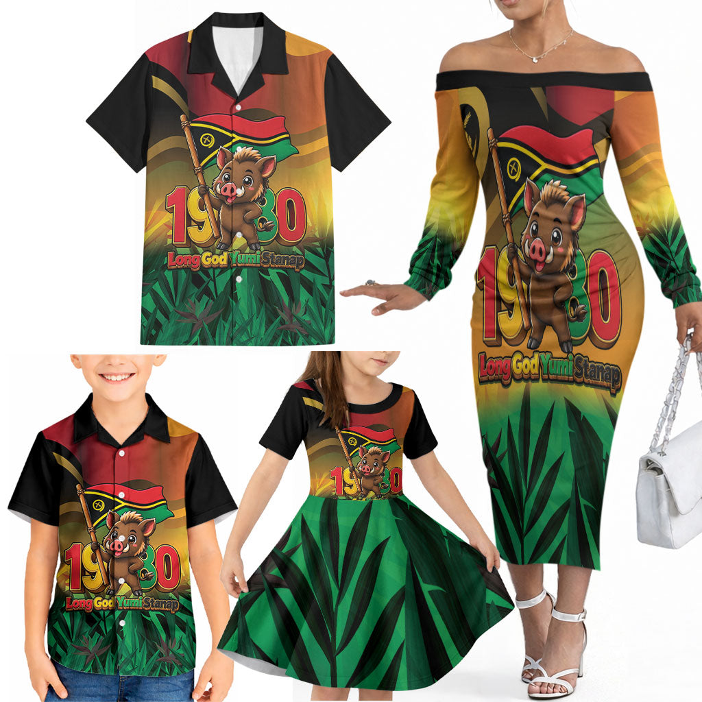 Vanuatu Independence Day Family Matching Off The Shoulder Long Sleeve Dress and Hawaiian Shirt Chibi Boar Proud To Be A Ni-Van LT14 - Polynesian Pride
