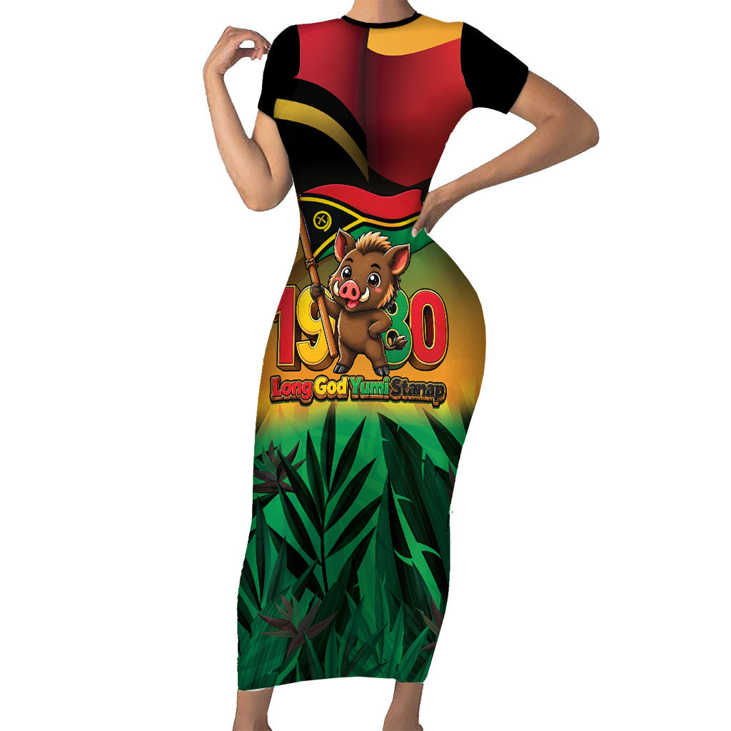 Vanuatu Independence Day Short Sleeve Bodycon Dress Chibi Boar Proud To Be A Ni-Van