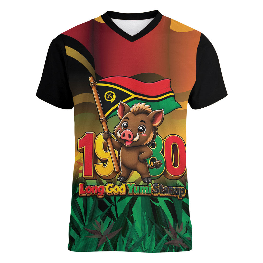 Vanuatu Independence Day Women V-Neck T-Shirt Chibi Boar Proud To Be A Ni-Van