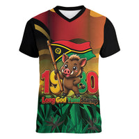 Vanuatu Independence Day Women V-Neck T-Shirt Chibi Boar Proud To Be A Ni-Van