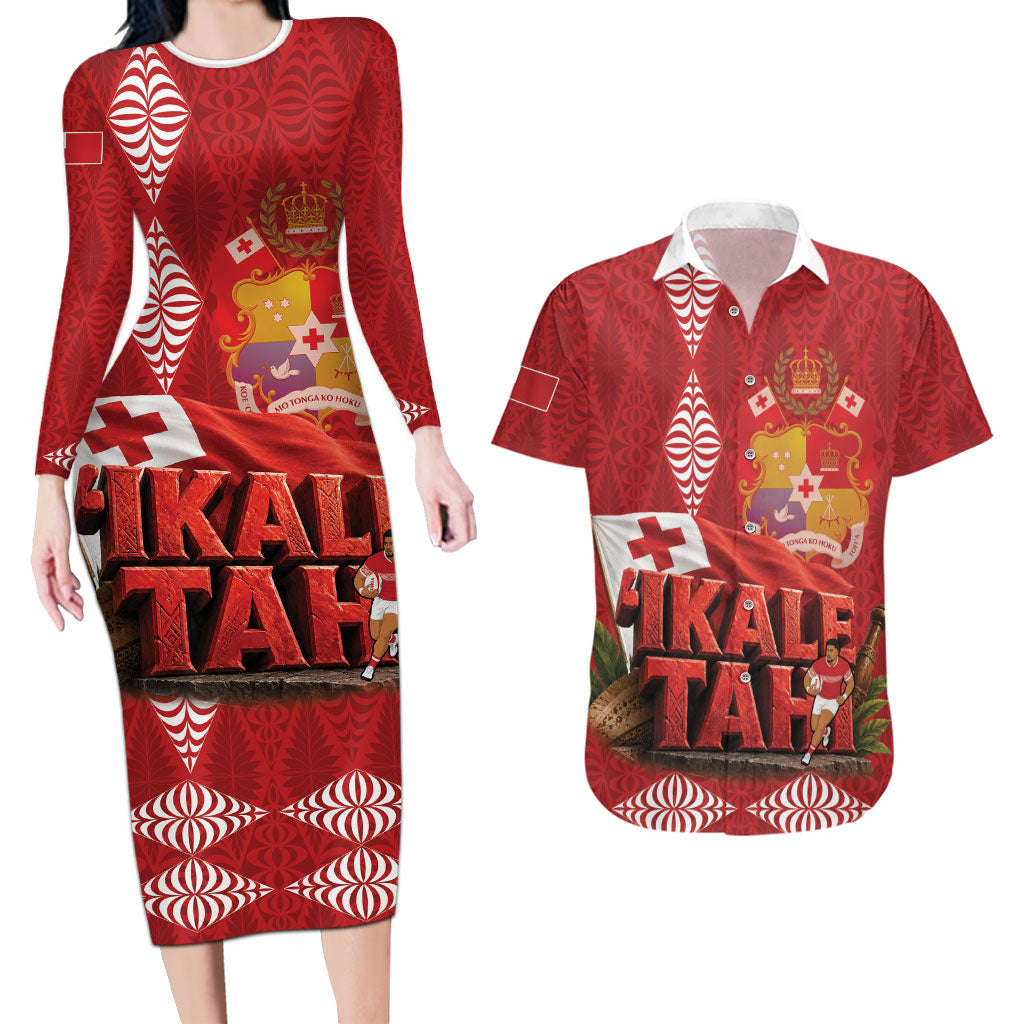 Tonga Rugby Custom Couples Matching Long Sleeve Bodycon Dress and Hawaiian Shirt 2026 Go Ikale Tahi Ngatu Pattern LT14 Red - Polynesian Pride