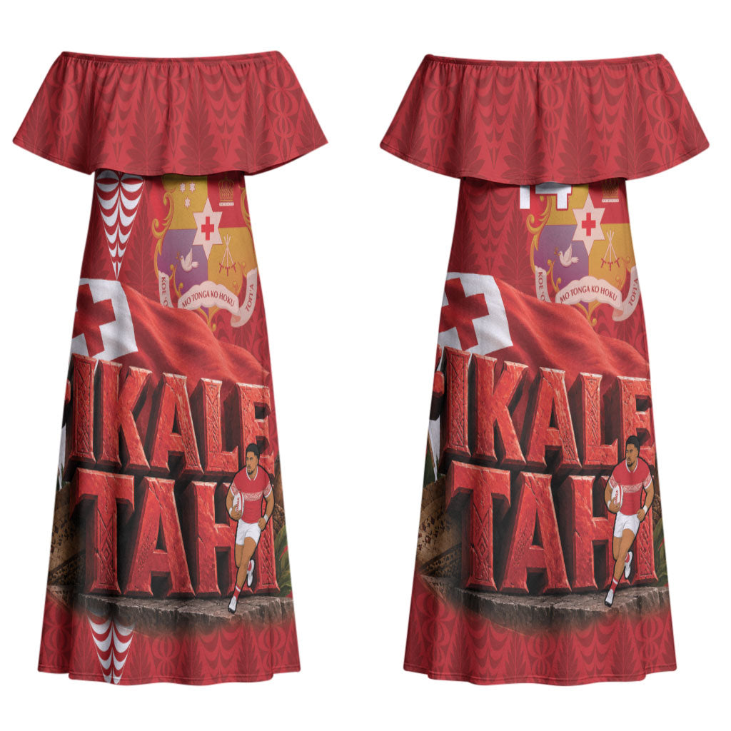 Tonga Rugby Custom Couples Matching Off Shoulder Maxi Dress and Hawaiian Shirt 2026 Go Ikale Tahi Ngatu Pattern LT14 - Polynesian Pride