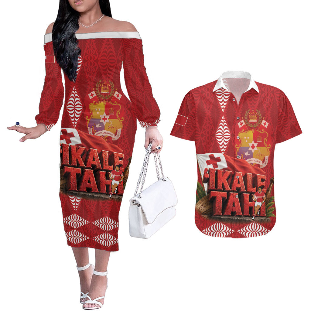 Tonga Rugby Custom Couples Matching Off The Shoulder Long Sleeve Dress and Hawaiian Shirt 2026 Go Ikale Tahi Ngatu Pattern