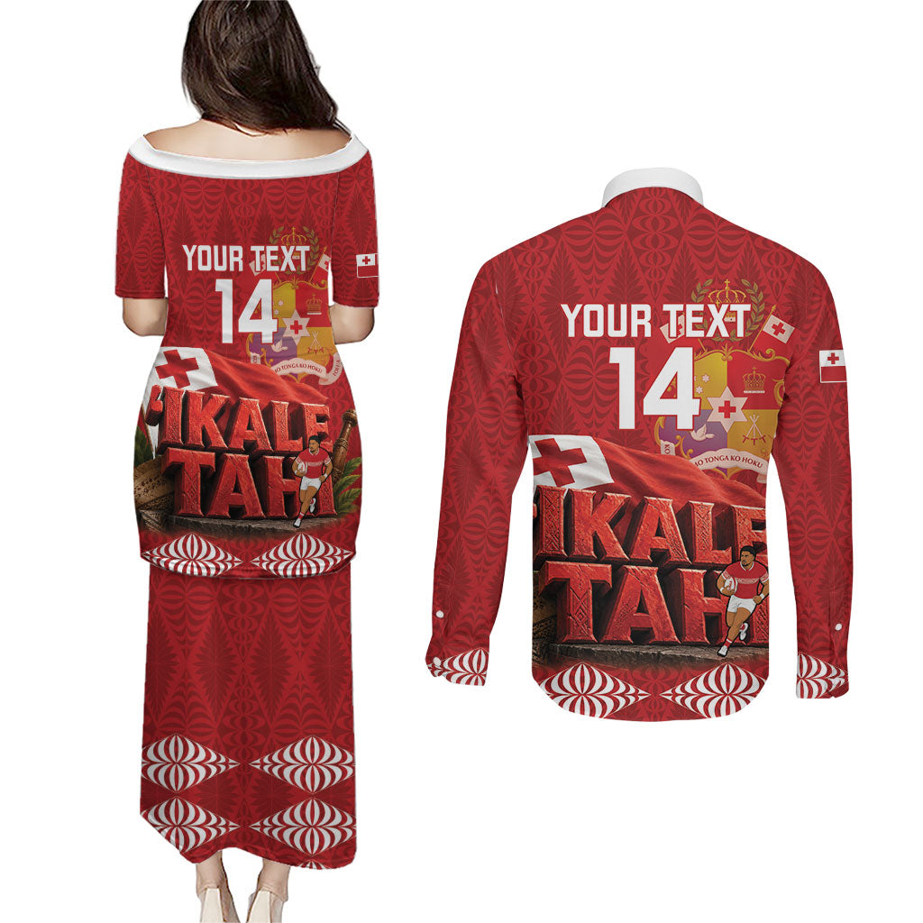 Tonga Rugby Custom Couples Matching Puletasi and Long Sleeve Button Shirt 2026 Go Ikale Tahi Ngatu Pattern