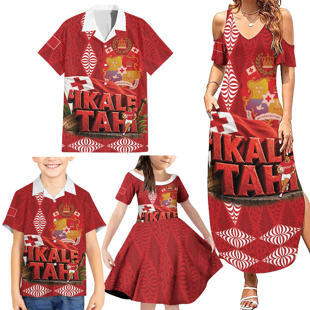 Tonga Rugby Custom Family Matching Summer Maxi Dress and Hawaiian Shirt 2026 Go Ikale Tahi Ngatu Pattern
