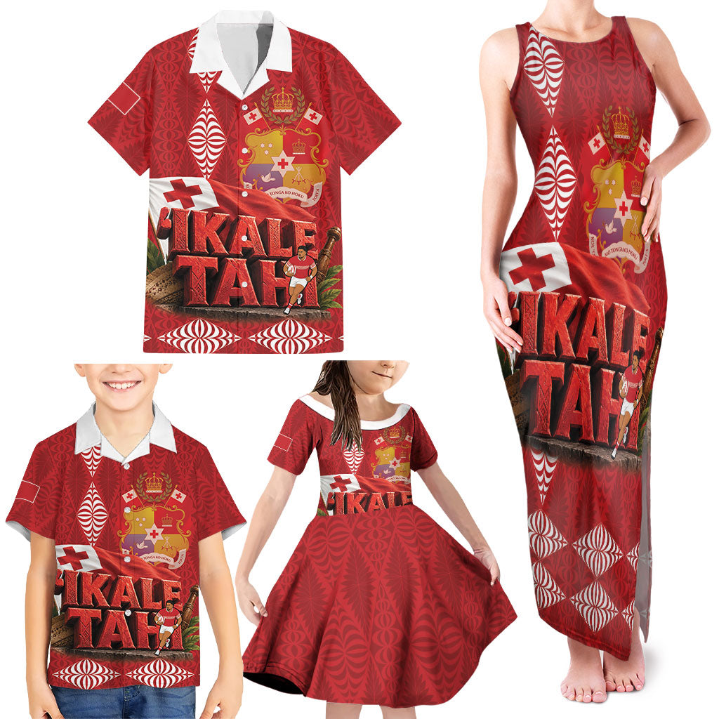 Tonga Rugby Custom Family Matching Tank Maxi Dress and Hawaiian Shirt 2026 Go Ikale Tahi Ngatu Pattern LT14 - Polynesian Pride