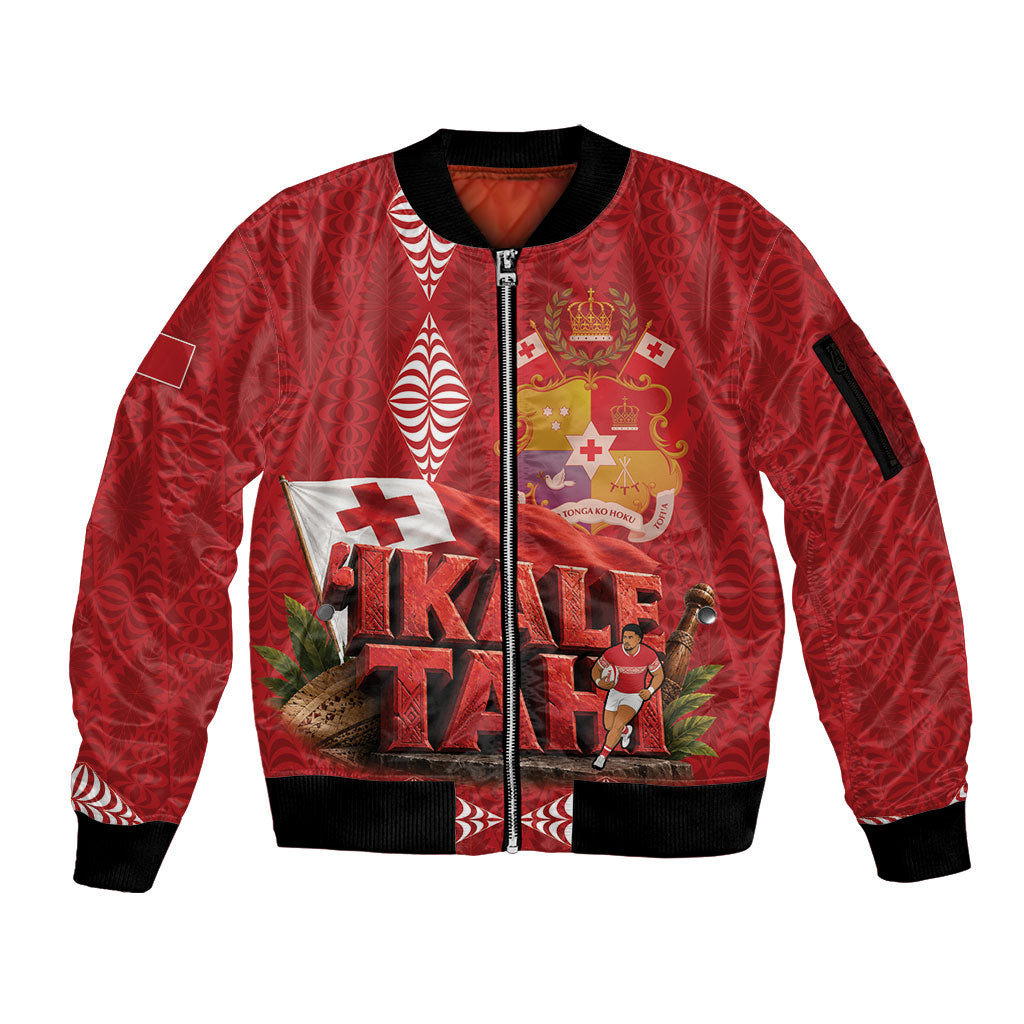 Tonga Rugby Custom Sleeve Zip Bomber Jacket 2026 Go Ikale Tahi Ngatu Pattern LT14 Unisex Red - Polynesian Pride