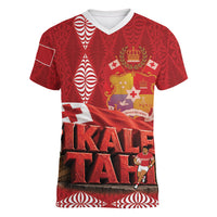 Tonga Rugby Custom Women V-Neck T-Shirt 2026 Go Ikale Tahi Ngatu Pattern