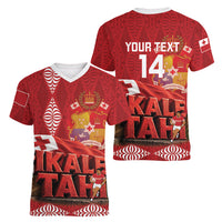 Tonga Rugby Custom Women V-Neck T-Shirt 2026 Go Ikale Tahi Ngatu Pattern