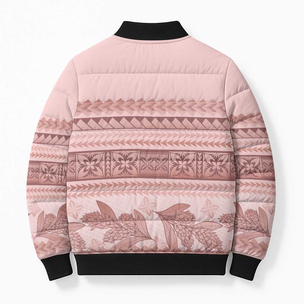 Pastel Pink Samoa Siapo Teuila Flowers Bomber Puffer Jacket - Polynesian Pride