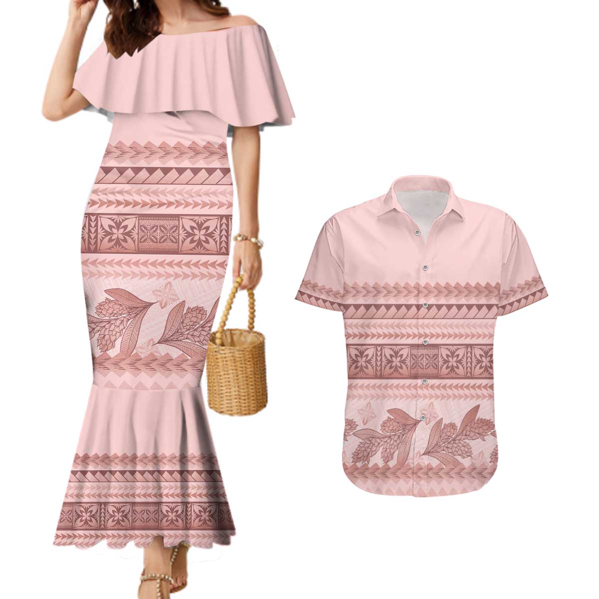 Pastel Pink Samoa Siapo Teuila Flowers Couples Matching Mermaid Dress and Hawaiian Shirt - Polynesian Pride