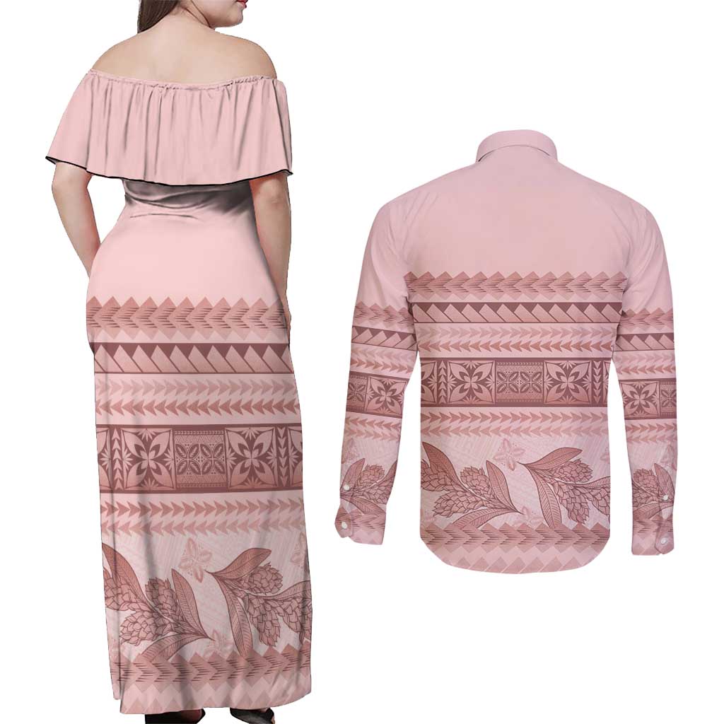 Pastel Pink Samoa Siapo Teuila Flowers Couples Matching Off Shoulder Maxi Dress and Long Sleeve Button Shirt - Polynesian Pride