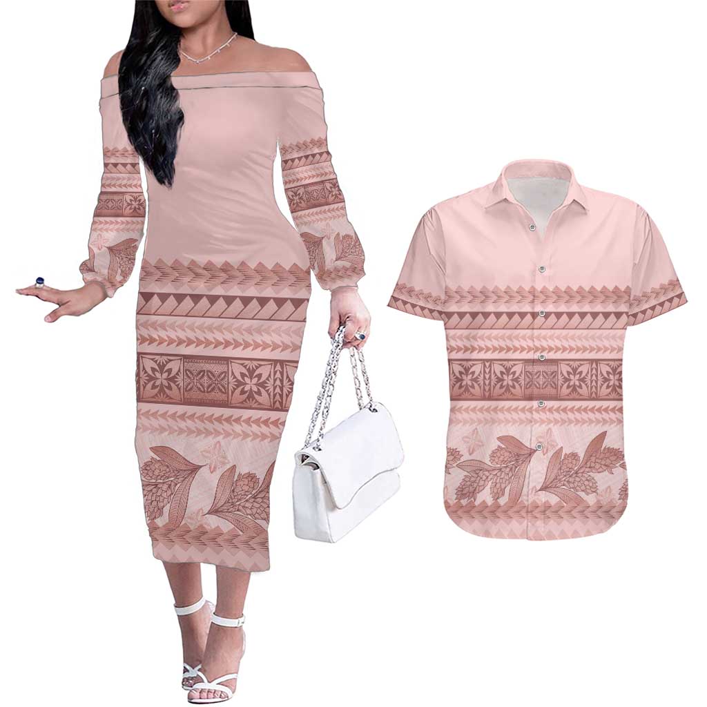 Pastel Pink Samoa Siapo Teuila Flowers Couples Matching Off The Shoulder Long Sleeve Dress and Hawaiian Shirt - Polynesian Pride