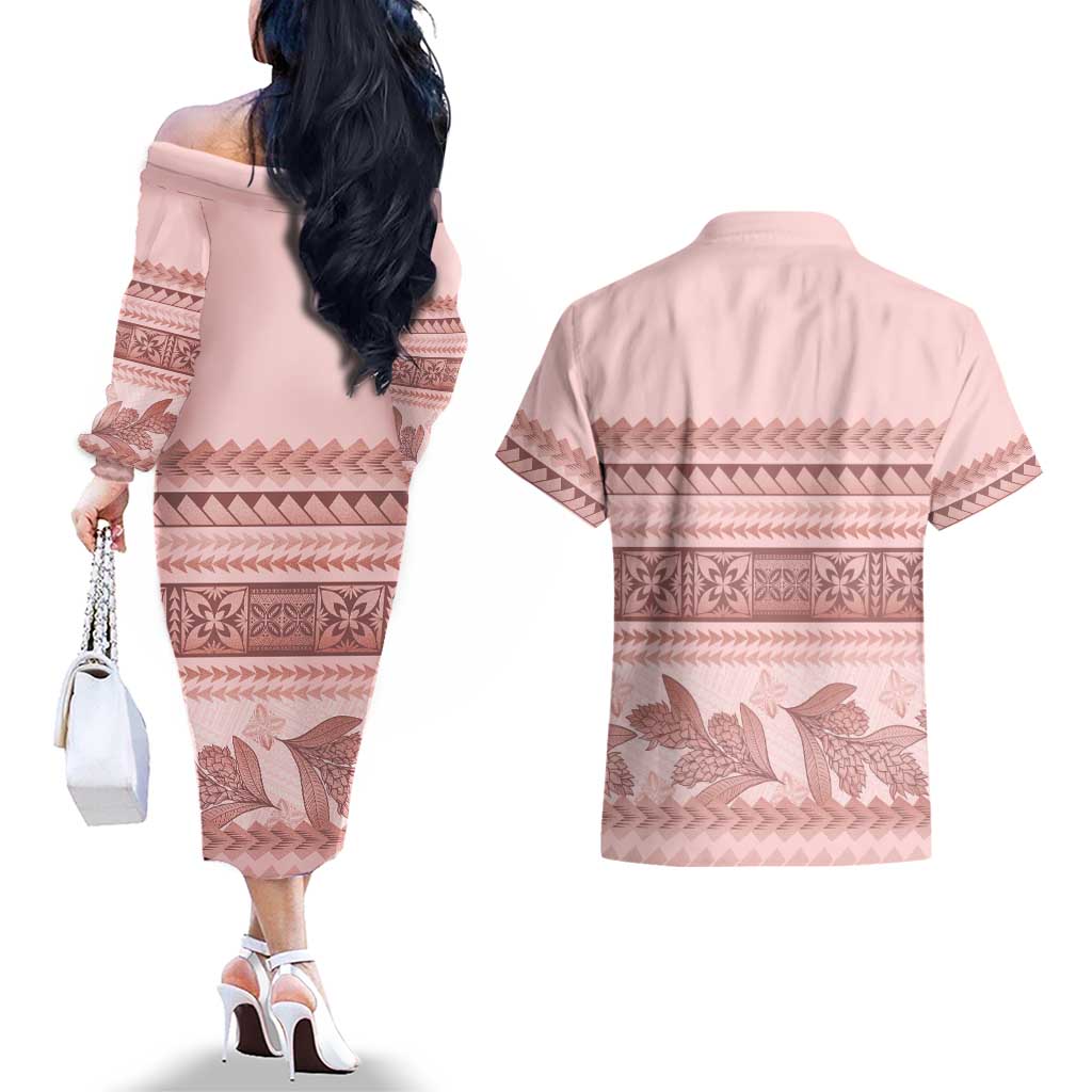 Pastel Pink Samoa Siapo Teuila Flowers Couples Matching Off The Shoulder Long Sleeve Dress and Hawaiian Shirt - Polynesian Pride