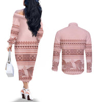 Pastel Pink Samoa Siapo Teuila Flowers Couples Matching Off The Shoulder Long Sleeve Dress and Long Sleeve Button Shirt - Polynesian Pride