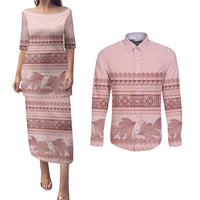 Pastel Pink Samoa Siapo Teuila Flowers Couples Matching Puletasi and Long Sleeve Button Shirt - Polynesian Pride