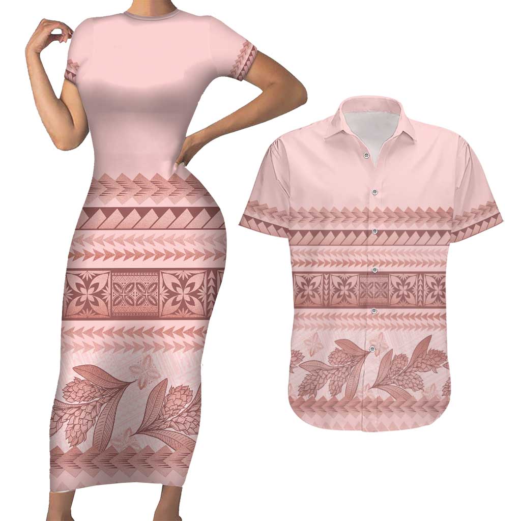 Pastel Pink Samoa Siapo Teuila Flowers Couples Matching Short Sleeve Bodycon Dress and Hawaiian Shirt - Polynesian Pride