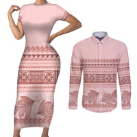Pastel Pink Samoa Siapo Teuila Flowers Couples Matching Short Sleeve Bodycon Dress and Long Sleeve Button Shirt - Polynesian Pride