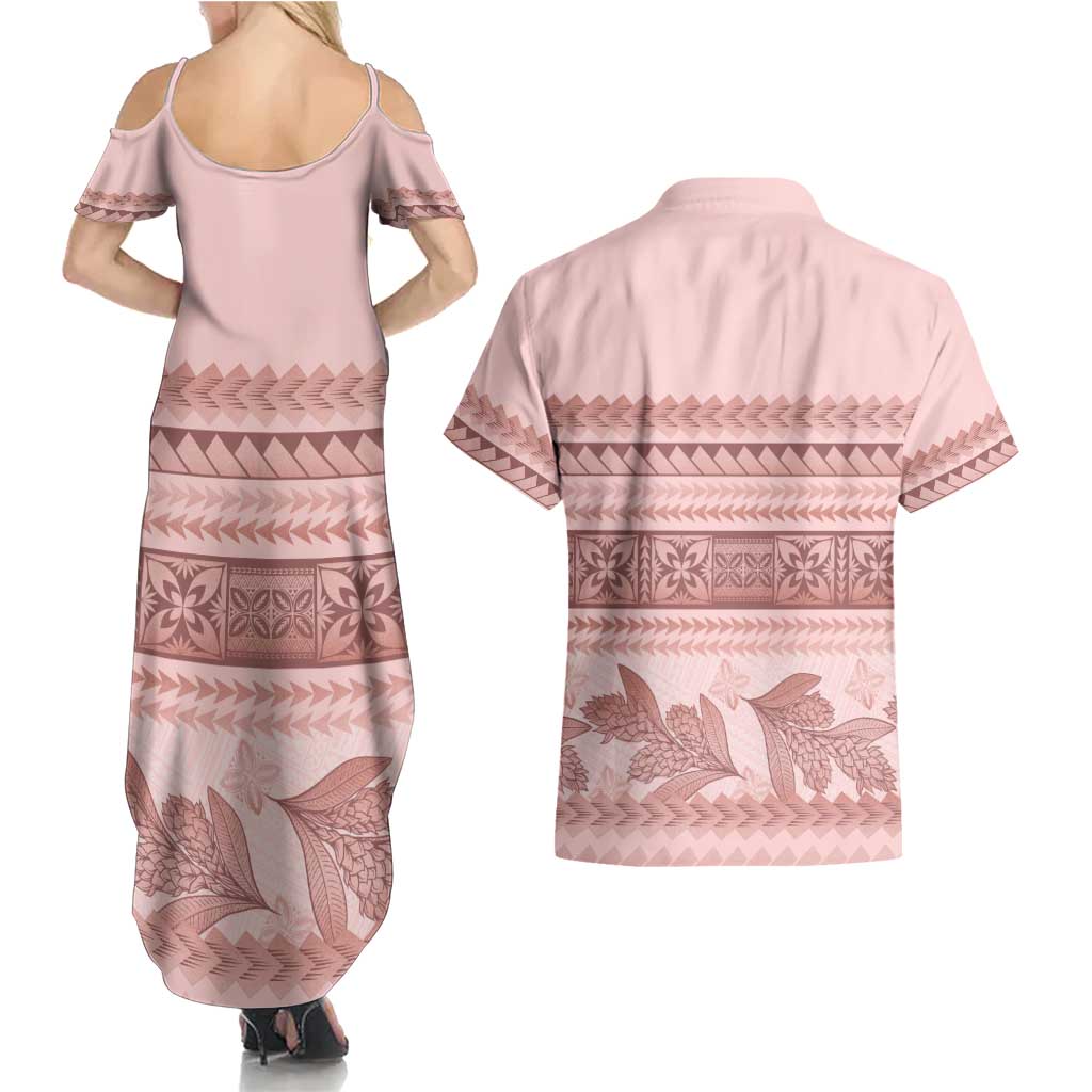 Pastel Pink Samoa Siapo Teuila Flowers Couples Matching Summer Maxi Dress and Hawaiian Shirt - Polynesian Pride