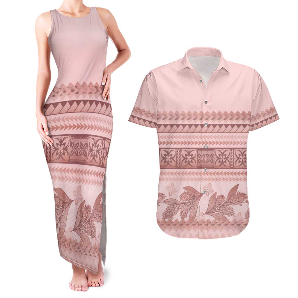 Pastel Pink Samoa Siapo Teuila Flowers Couples Matching Tank Maxi Dress and Hawaiian Shirt - Polynesian Pride
